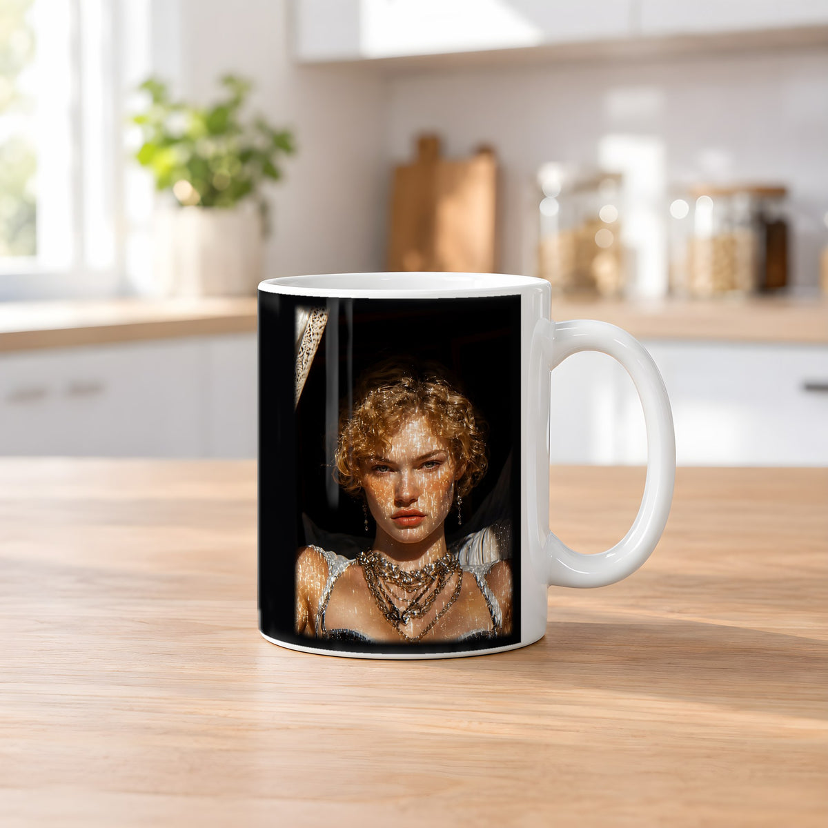 Nachtdiva – weiße Tasse, auf dem Küchentresen