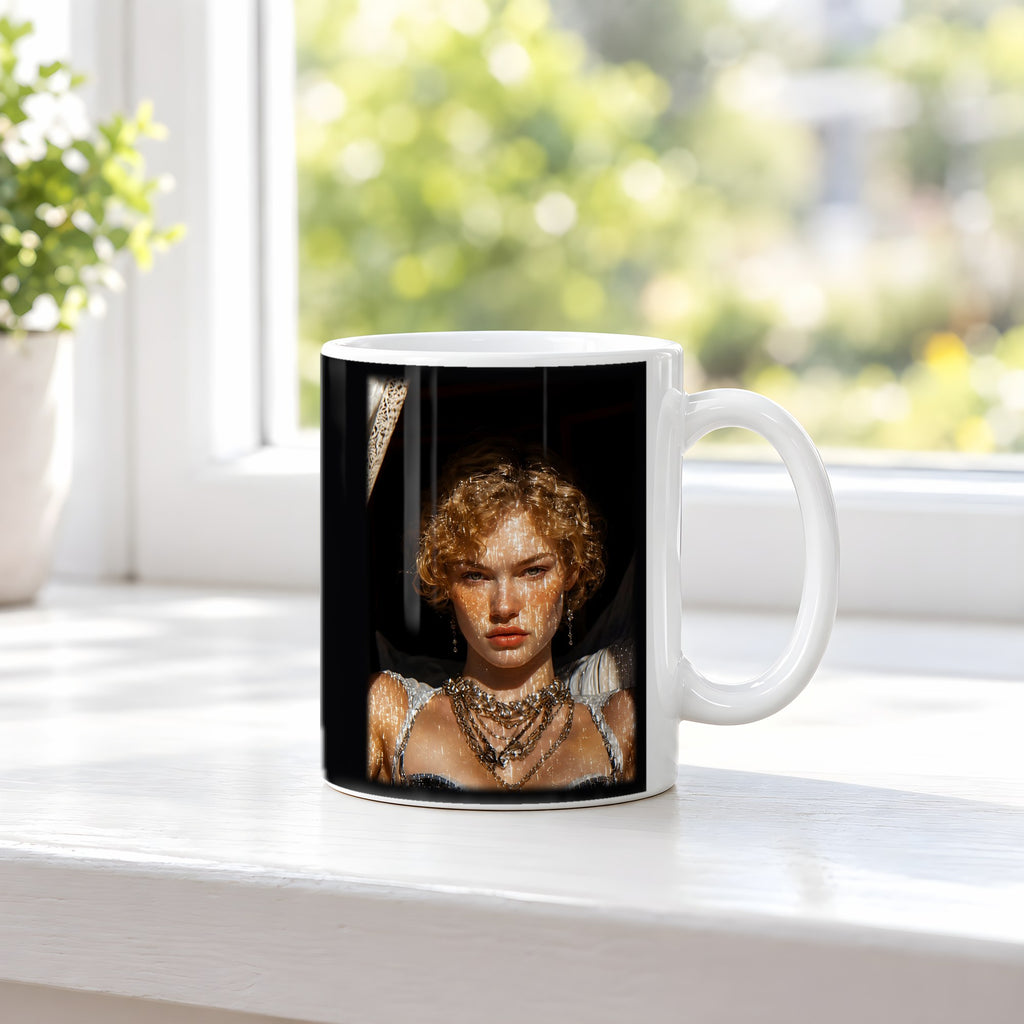 Nachtdiva – weiße Tasse, auf der Fensterbank
