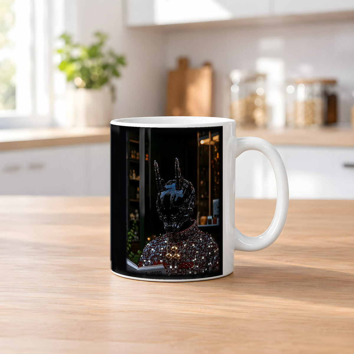 Der Alchemist – weiße Tasse, auf dem Küchentresen