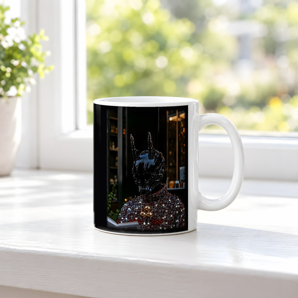 Der Alchemist – weiße Tasse, auf der Fensterbank