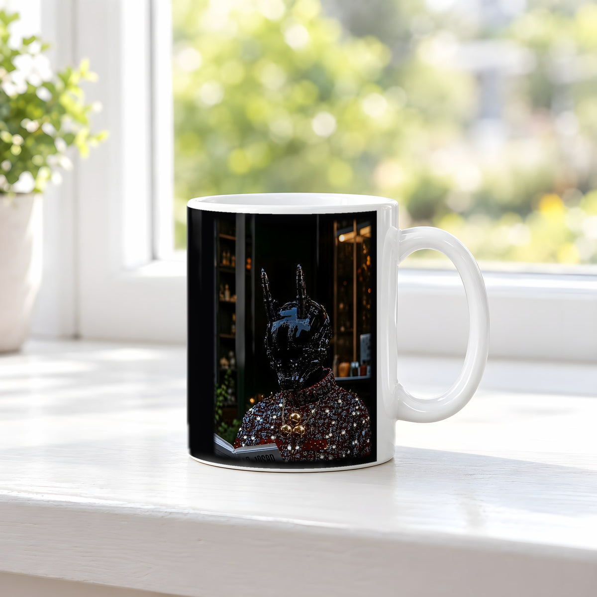 Der Alchemist – weiße Tasse, auf der Fensterbank