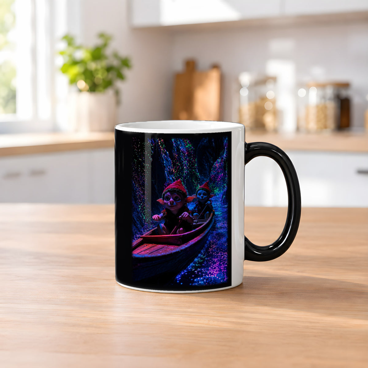 Fahrt ins Licht – Black Edition Zaubertasse mit Motiv (heiß), auf dem Küchentresen
