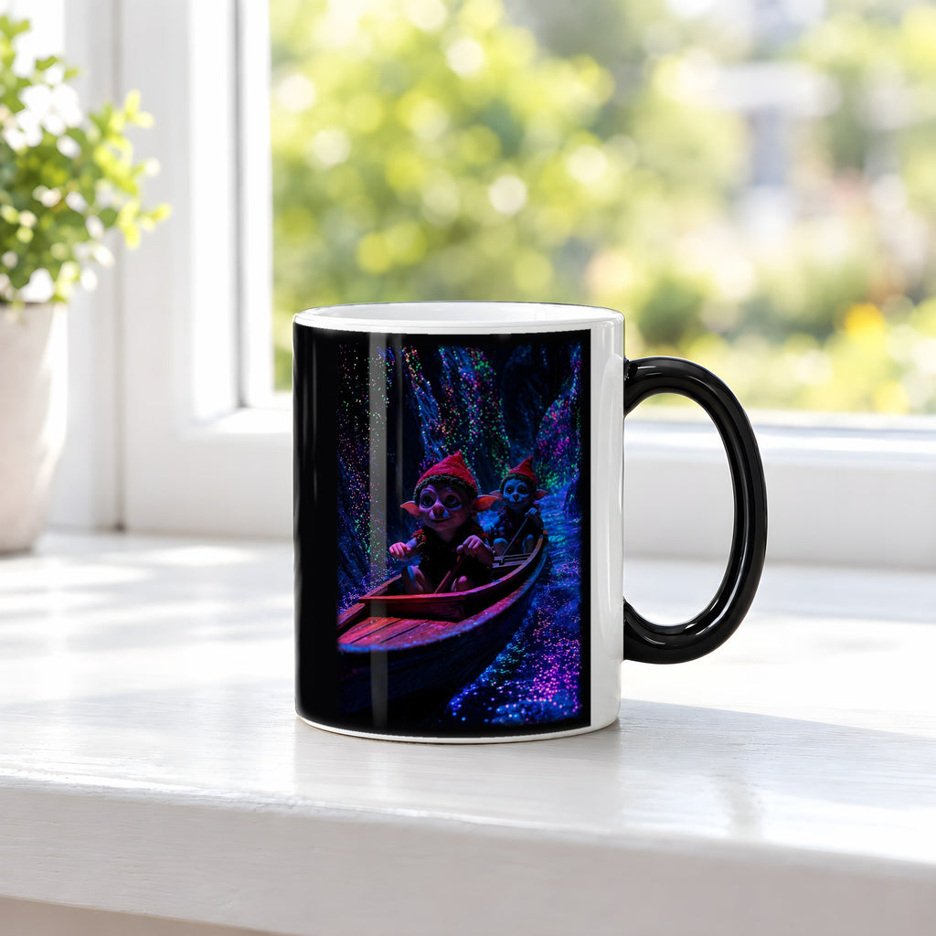 Fahrt ins Licht – Black Edition Zaubertasse mit Motiv (heiß), auf der Fensterbank