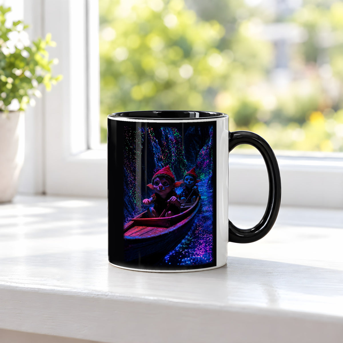 Fahrt ins Licht – Tasse innen schwarz, auf der Fensterbank