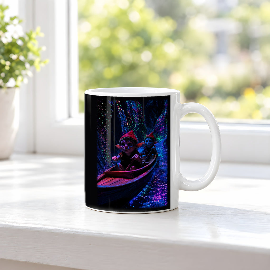 Fahrt ins Licht – weiße Tasse, auf der Fensterbank