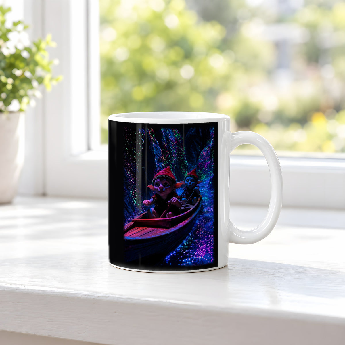 Fahrt ins Licht – weiße Tasse, auf der Fensterbank