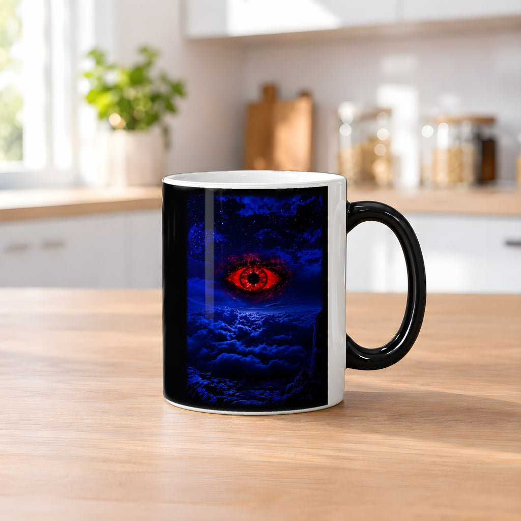 Das Auge im Sturm – Black Edition Zaubertasse mit Motiv (heiß), auf dem Küchentresen