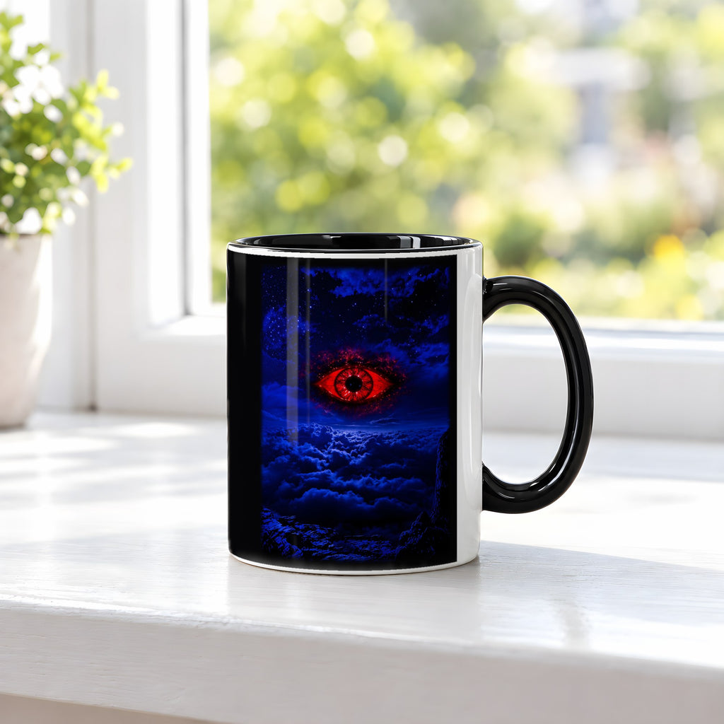 Das Auge im Sturm – Tasse innen schwarz, auf der Fensterbank