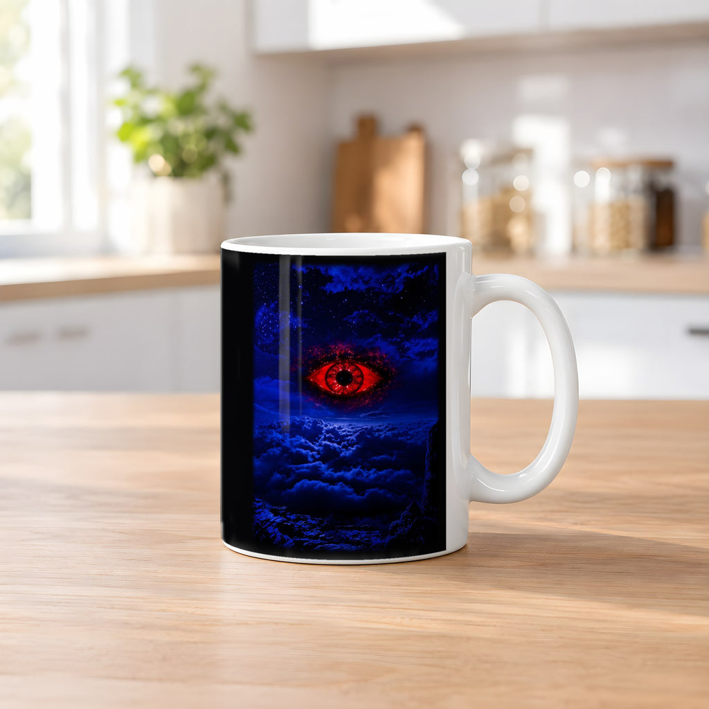 Das Auge im Sturm – weiße Tasse, auf dem Küchentresen