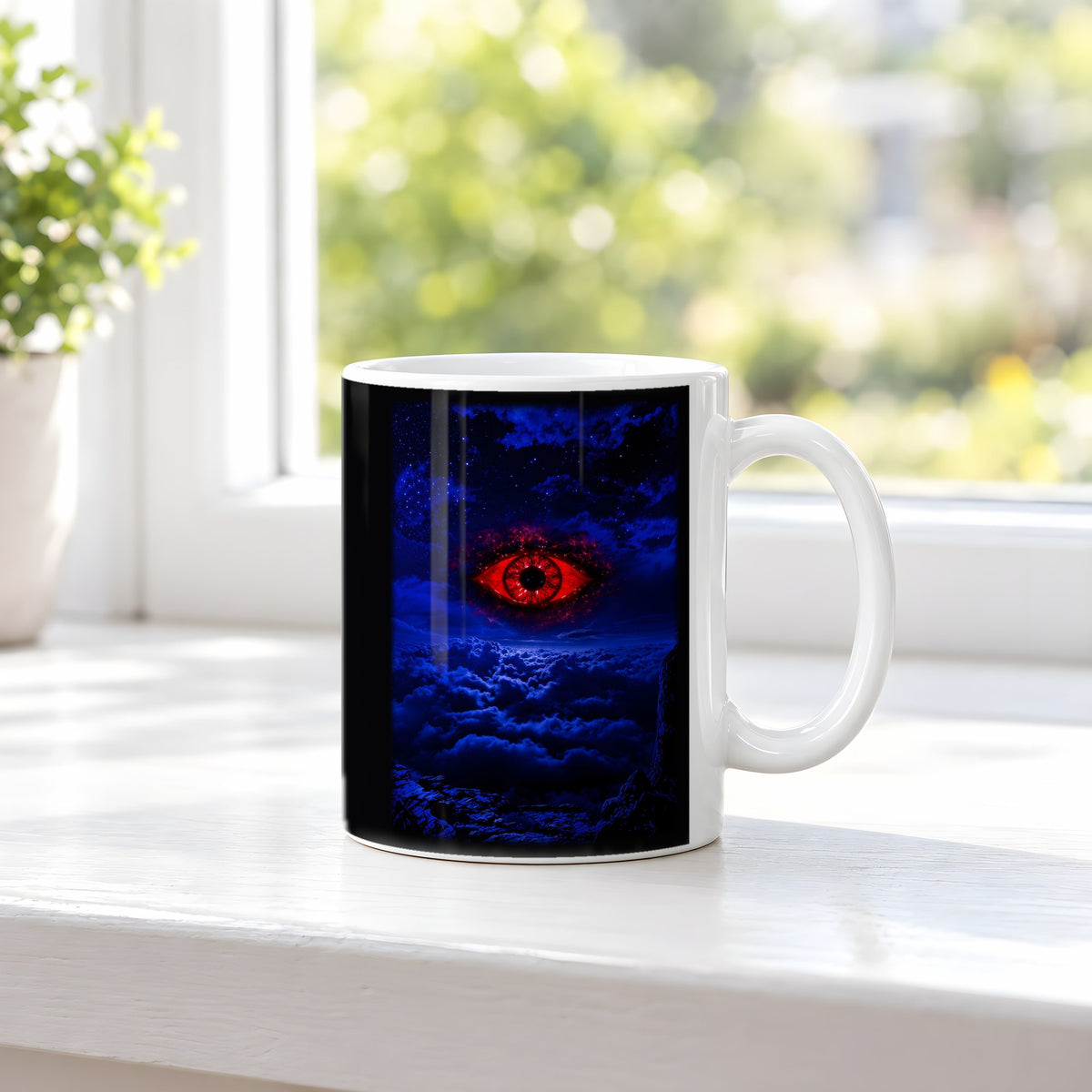 Das Auge im Sturm – weiße Tasse, auf der Fensterbank