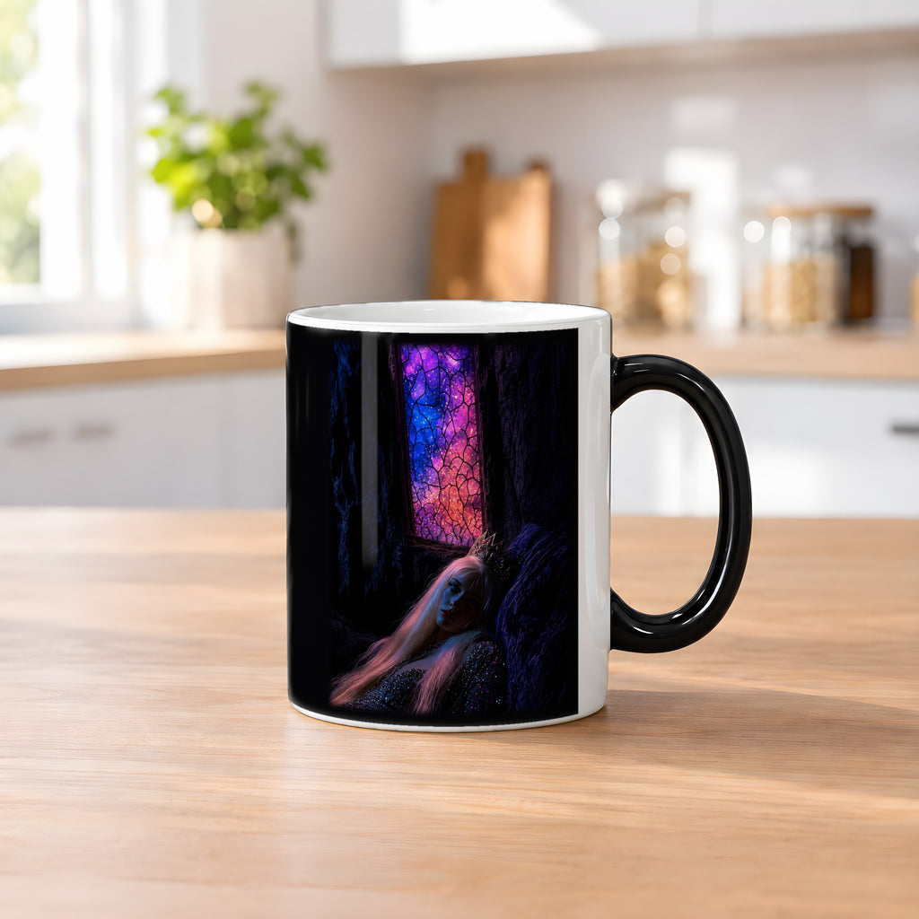 Die Kristallhöhle – Black Edition Zaubertasse mit Motiv (heiß), auf dem Küchentresen
