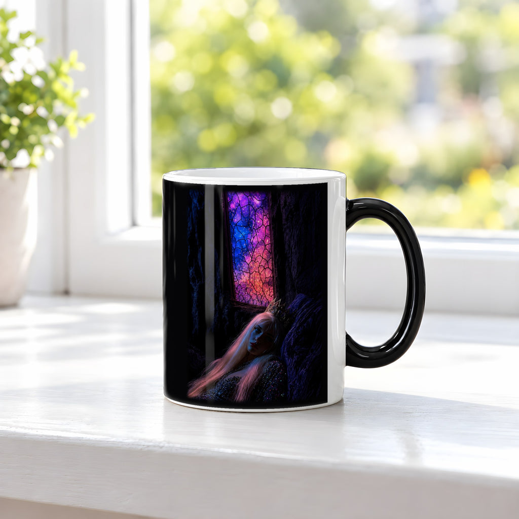 Die Kristallhöhle – Black Edition Zaubertasse mit Motiv (heiß), auf der Fensterbank