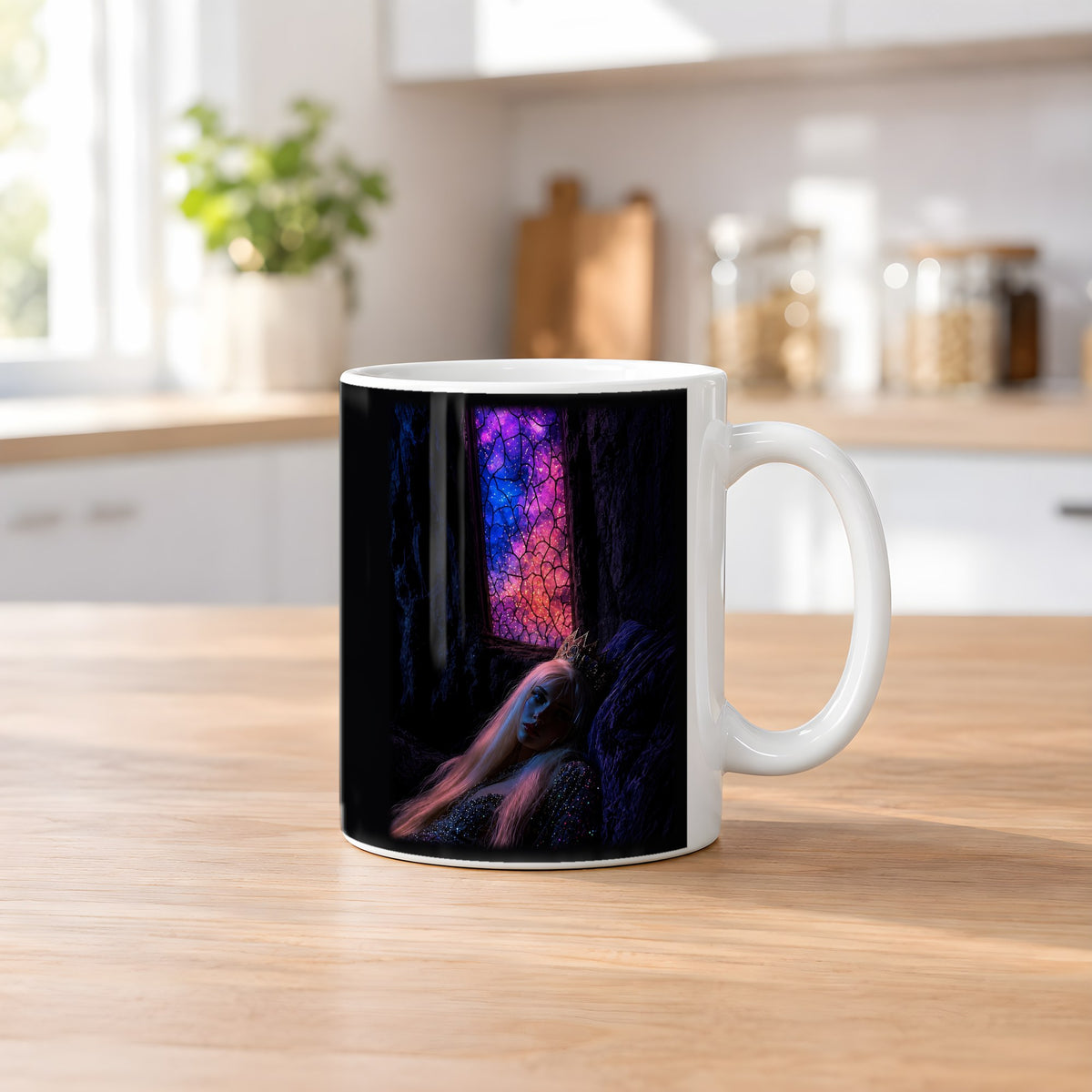 Die Kristallhöhle – weiße Tasse, auf dem Küchentresen
