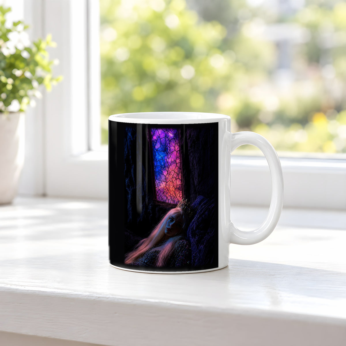 Die Kristallhöhle – weiße Tasse, auf der Fensterbank