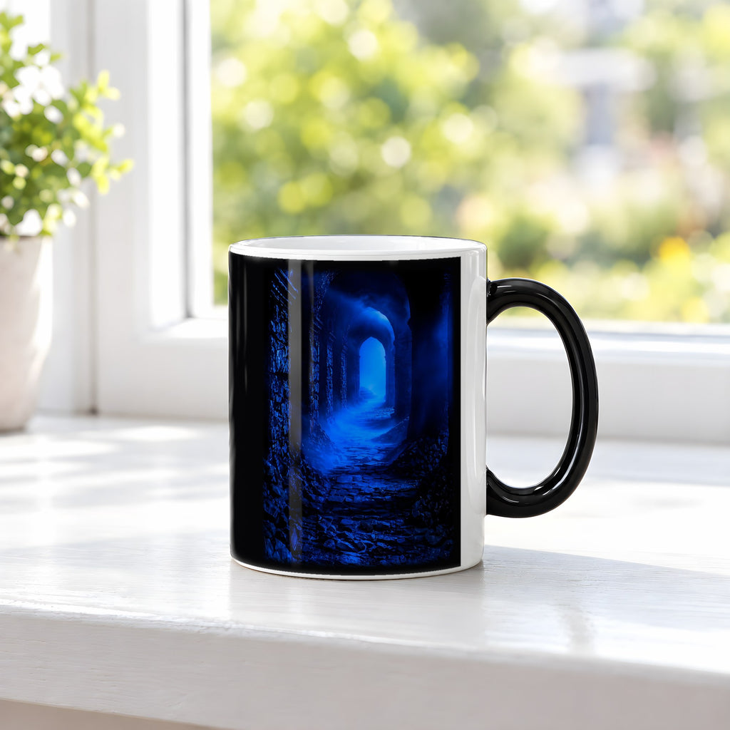 Das blaue Tor – Black Edition Zaubertasse mit Motiv (heiß), auf der Fensterbank