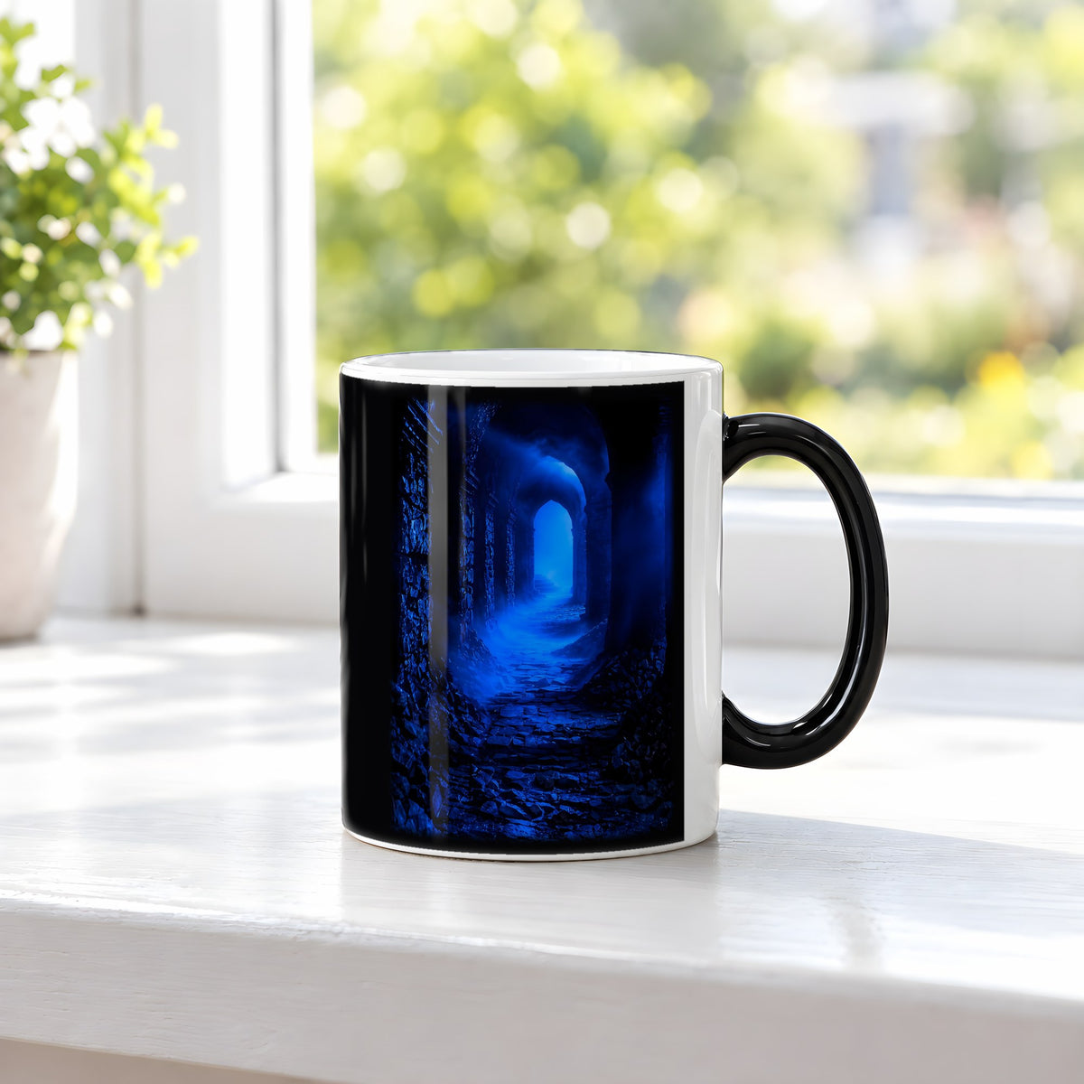 Das blaue Tor – Black Edition Zaubertasse mit Motiv (heiß), auf der Fensterbank