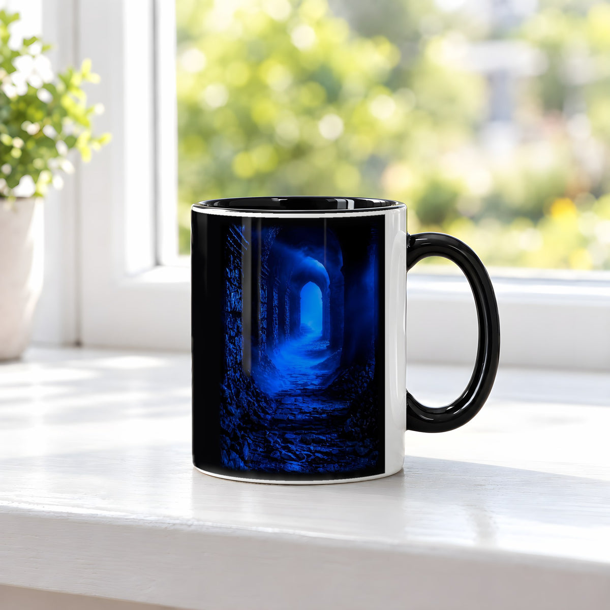 Das blaue Tor – Tasse innen schwarz, auf der Fensterbank