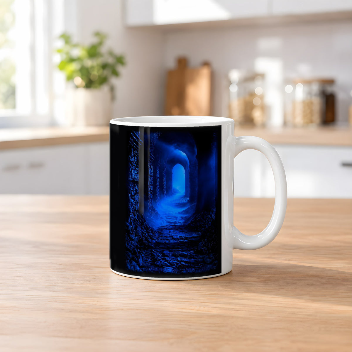 Das blaue Tor – weiße Tasse, auf dem Küchentresen