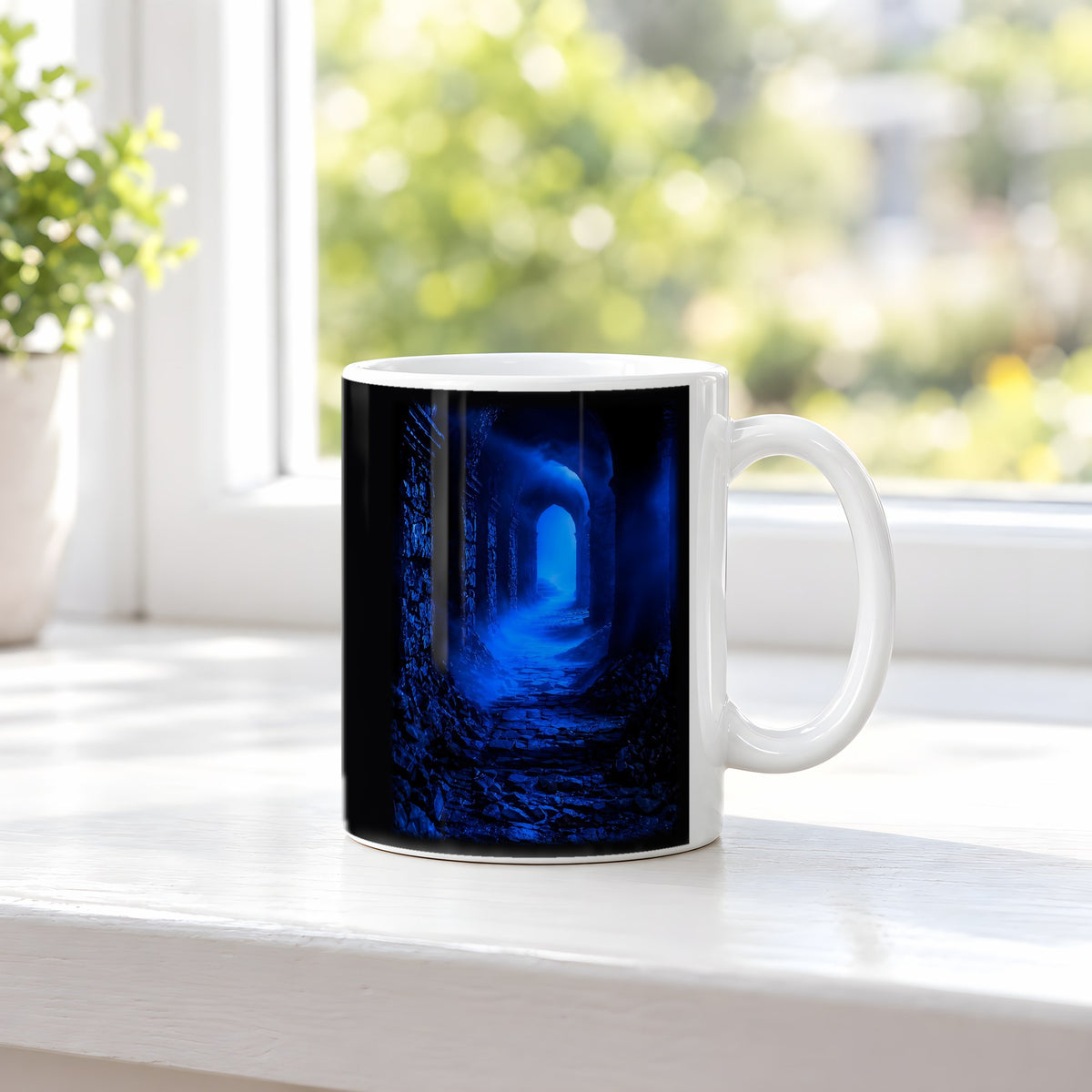 Das blaue Tor – weiße Tasse, auf der Fensterbank