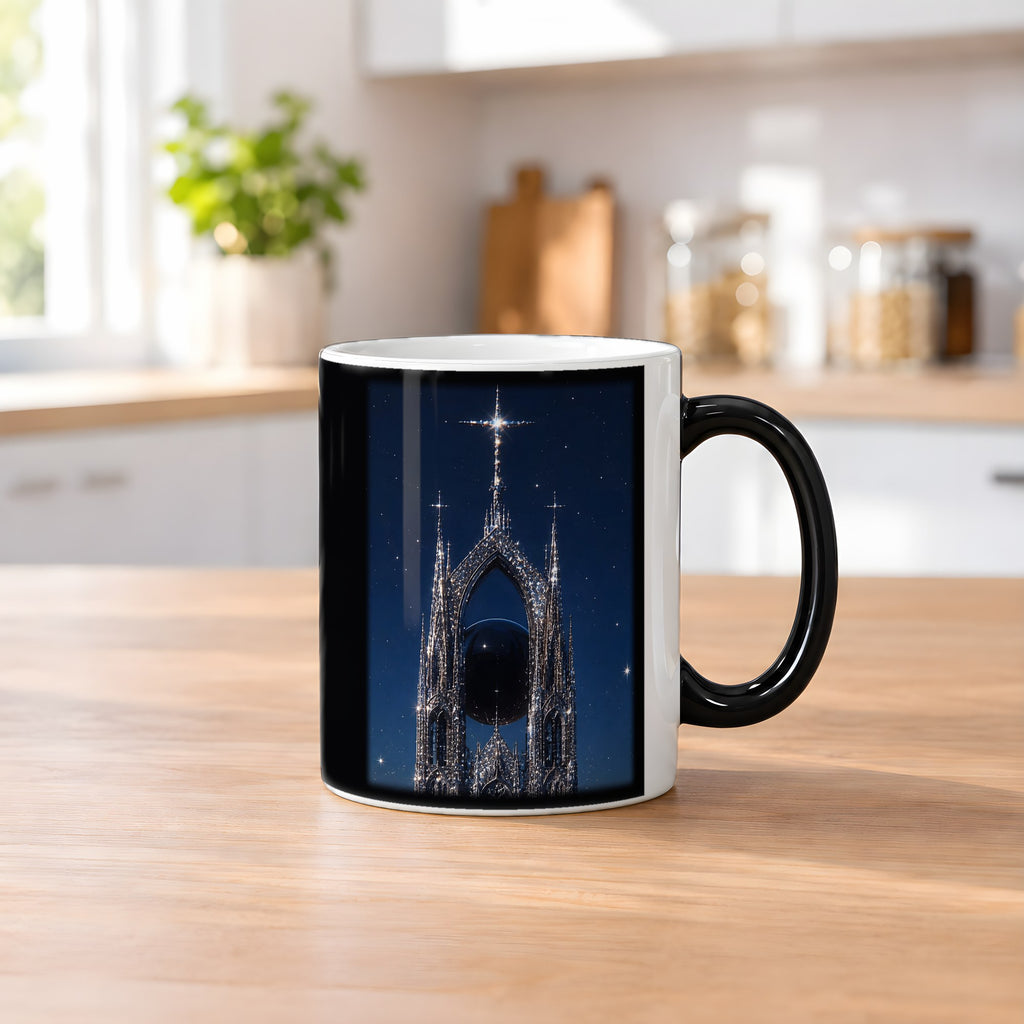 Die Sternenkathedrale – Black Edition Zaubertasse mit Motiv (heiß), auf dem Küchentresen