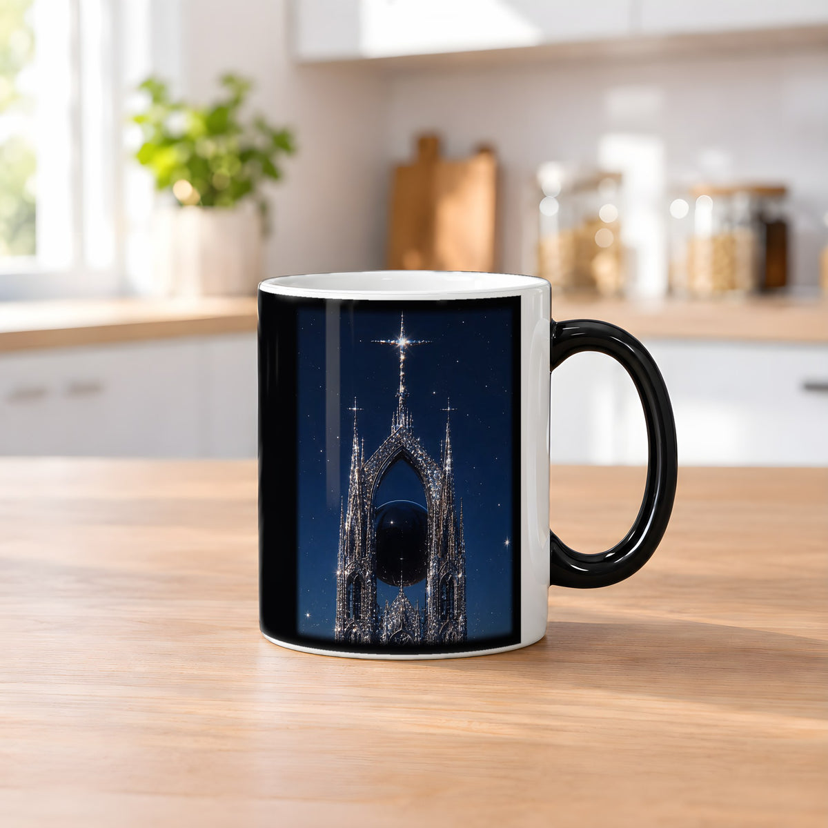 Die Sternenkathedrale – Black Edition Zaubertasse mit Motiv (heiß), auf dem Küchentresen