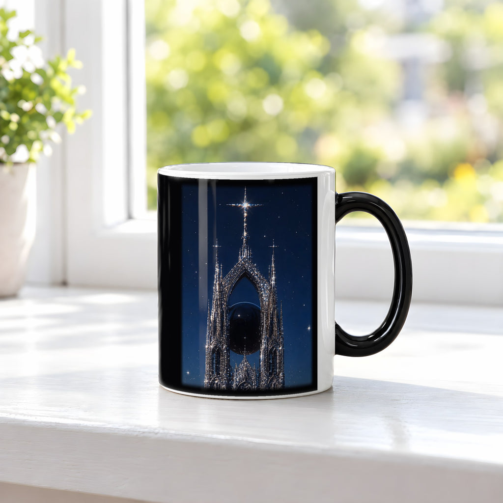 Die Sternenkathedrale – Black Edition Zaubertasse mit Motiv (heiß), auf der Fensterbank