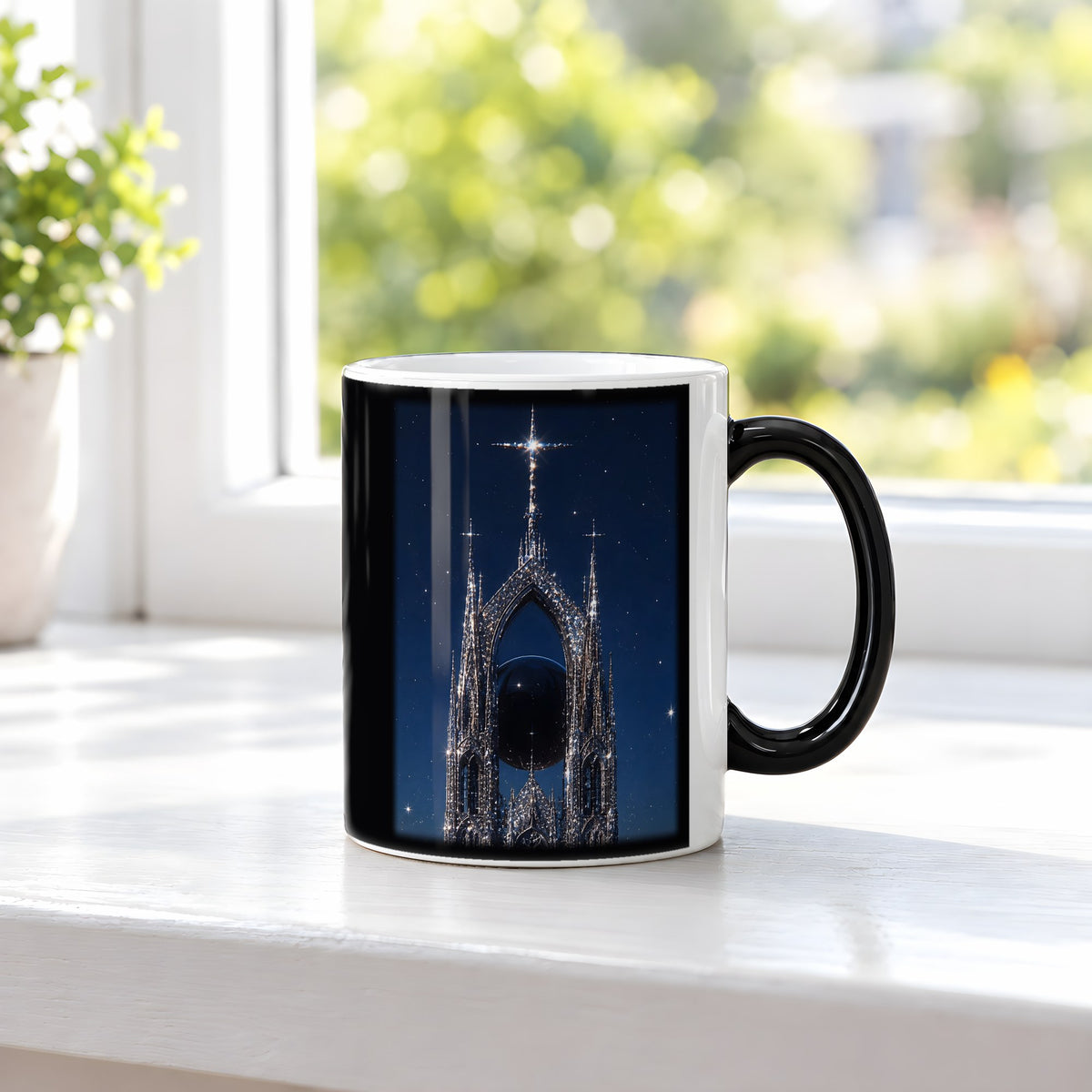 Die Sternenkathedrale – Black Edition Zaubertasse mit Motiv (heiß), auf der Fensterbank