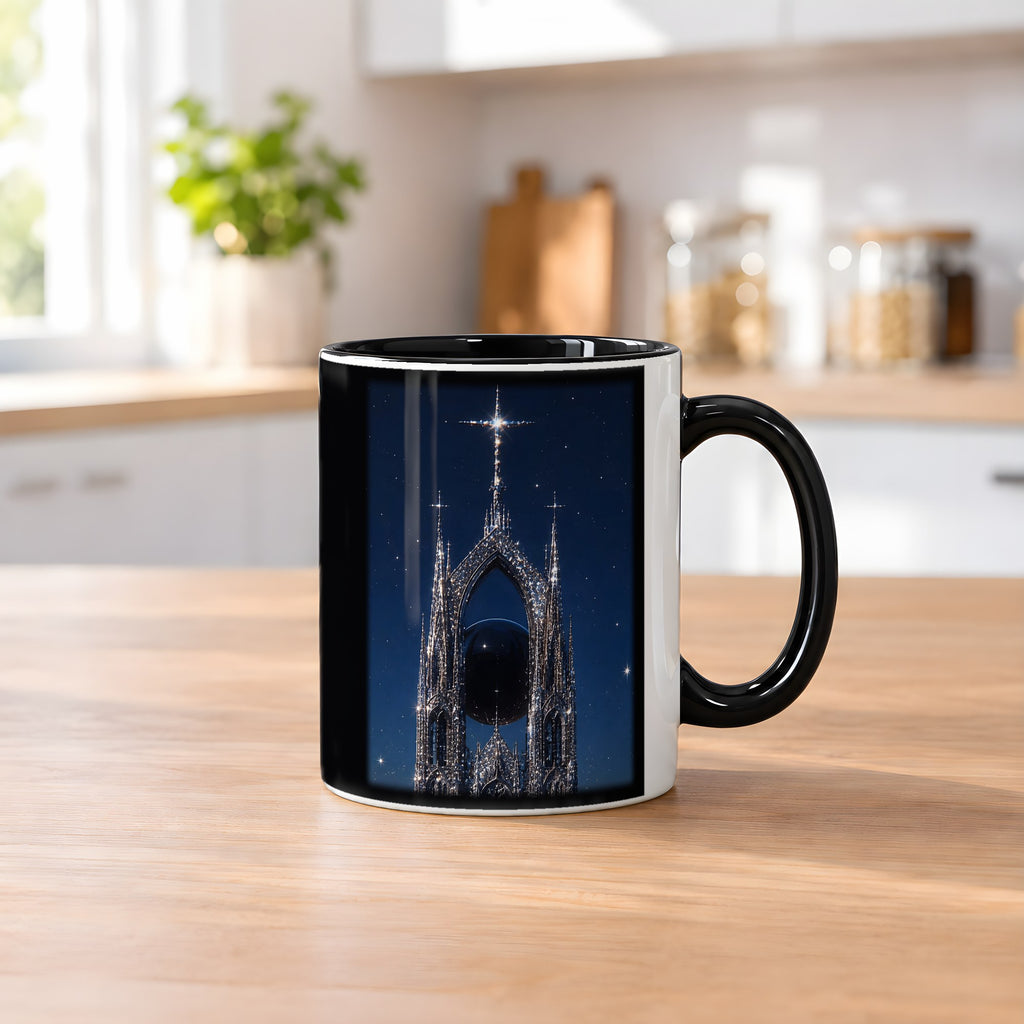 Die Sternenkathedrale – Tasse innen schwarz, auf dem Küchentresen