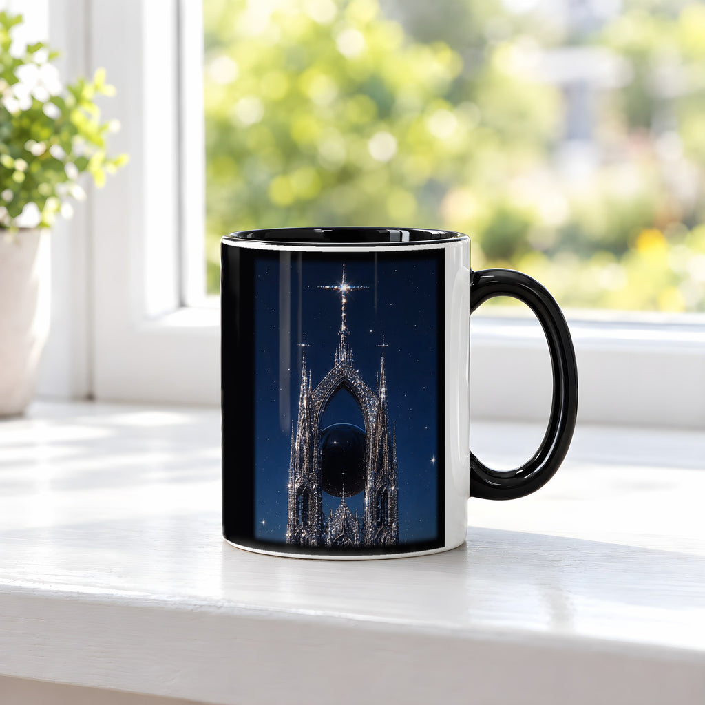 Die Sternenkathedrale – Tasse innen schwarz, auf der Fensterbank