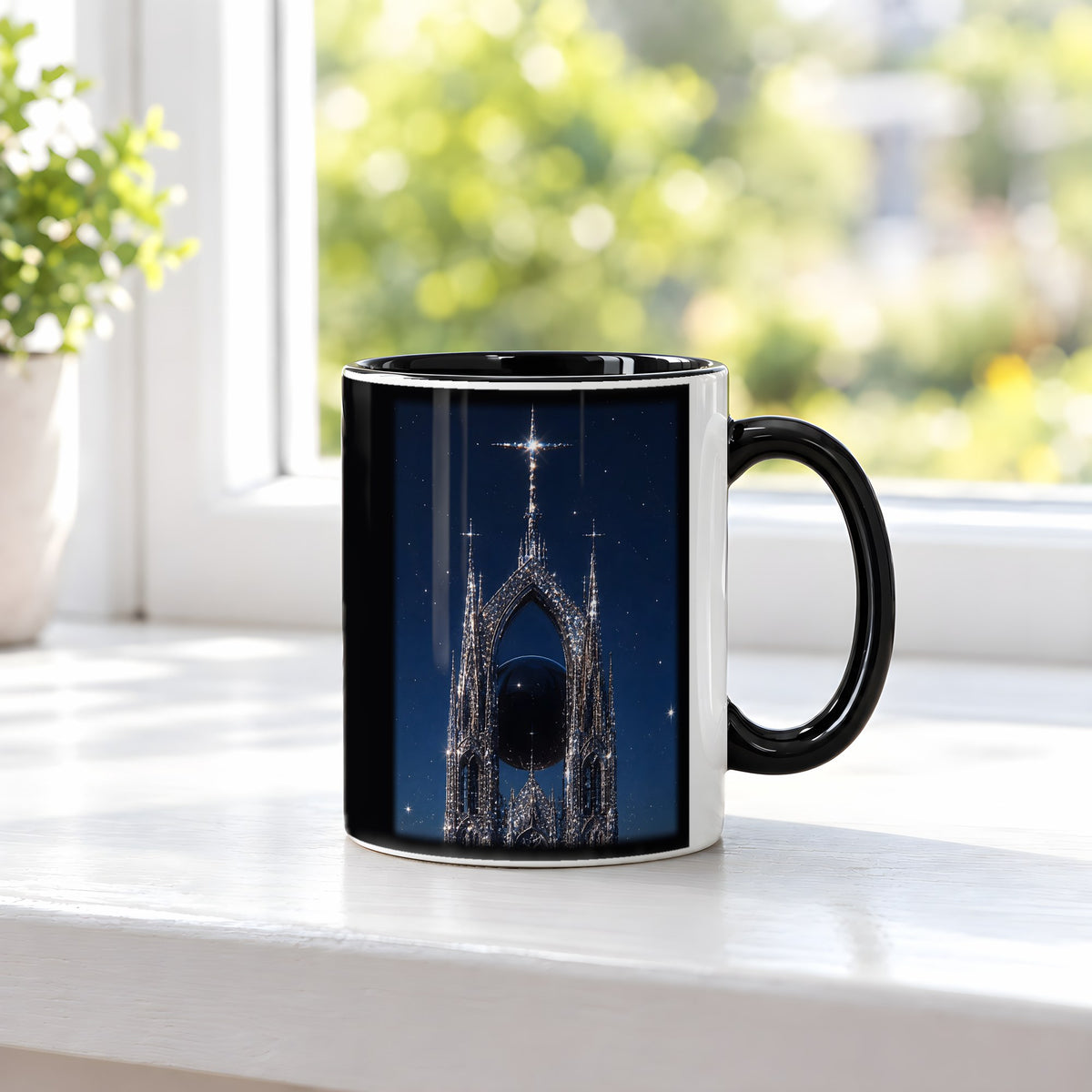 Die Sternenkathedrale – Tasse innen schwarz, auf der Fensterbank
