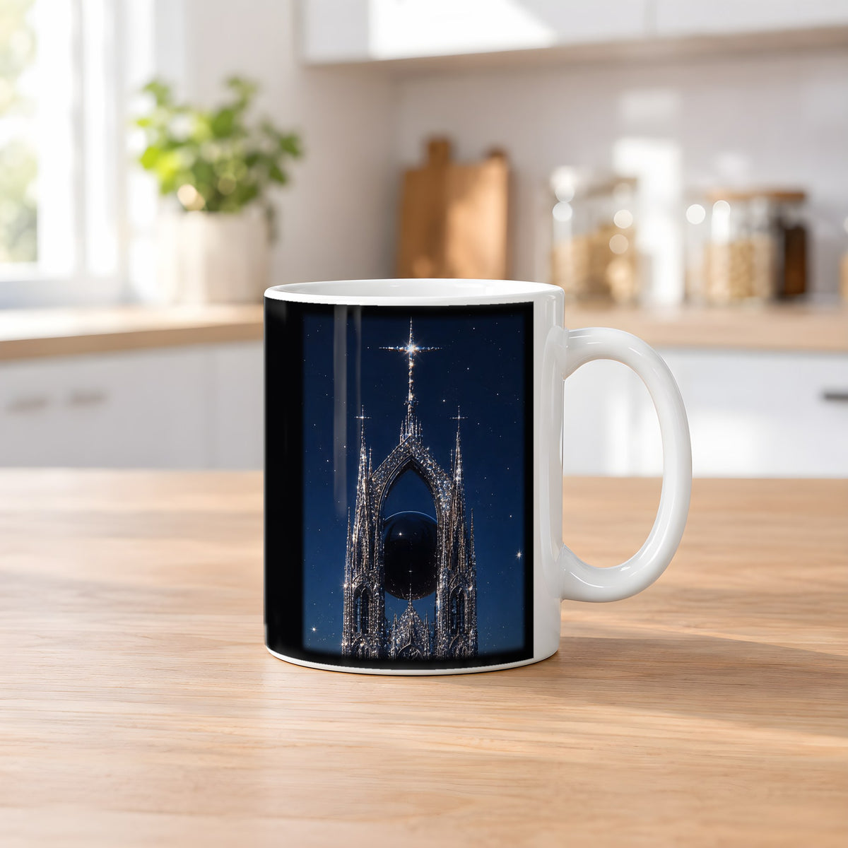 Die Sternenkathedrale – weiße Tasse, auf dem Küchentresen