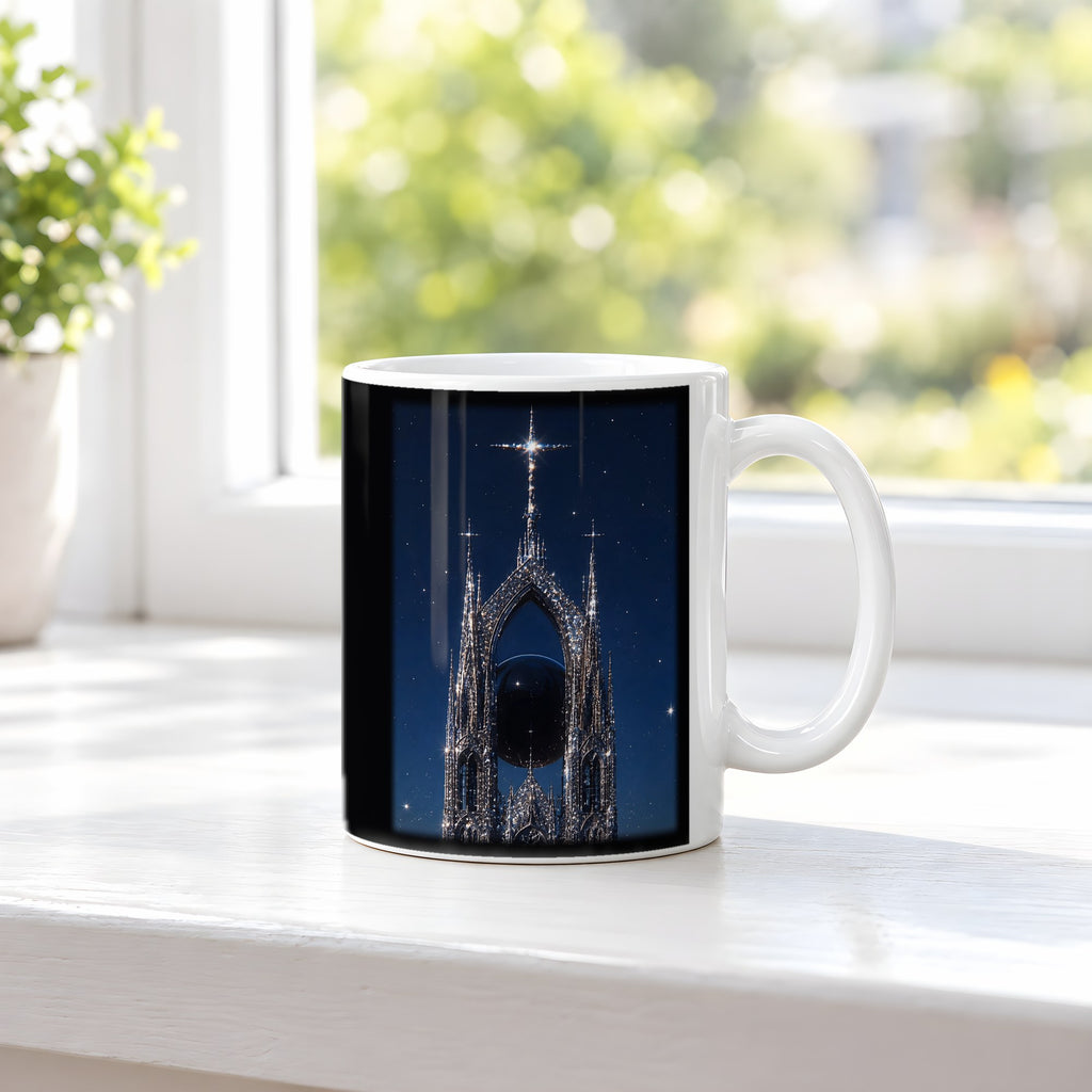 Die Sternenkathedrale – weiße Tasse, auf der Fensterbank