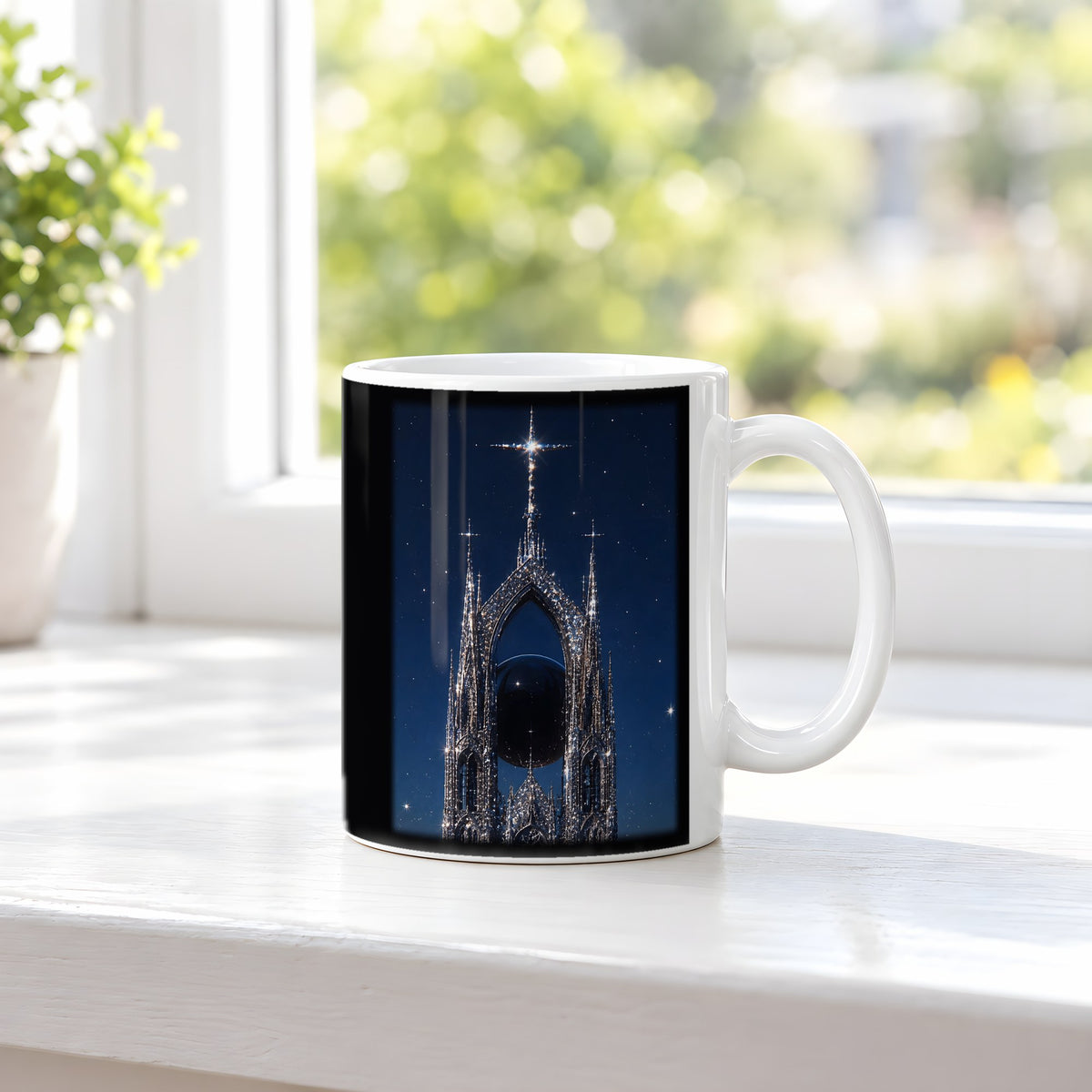 Die Sternenkathedrale – weiße Tasse, auf der Fensterbank