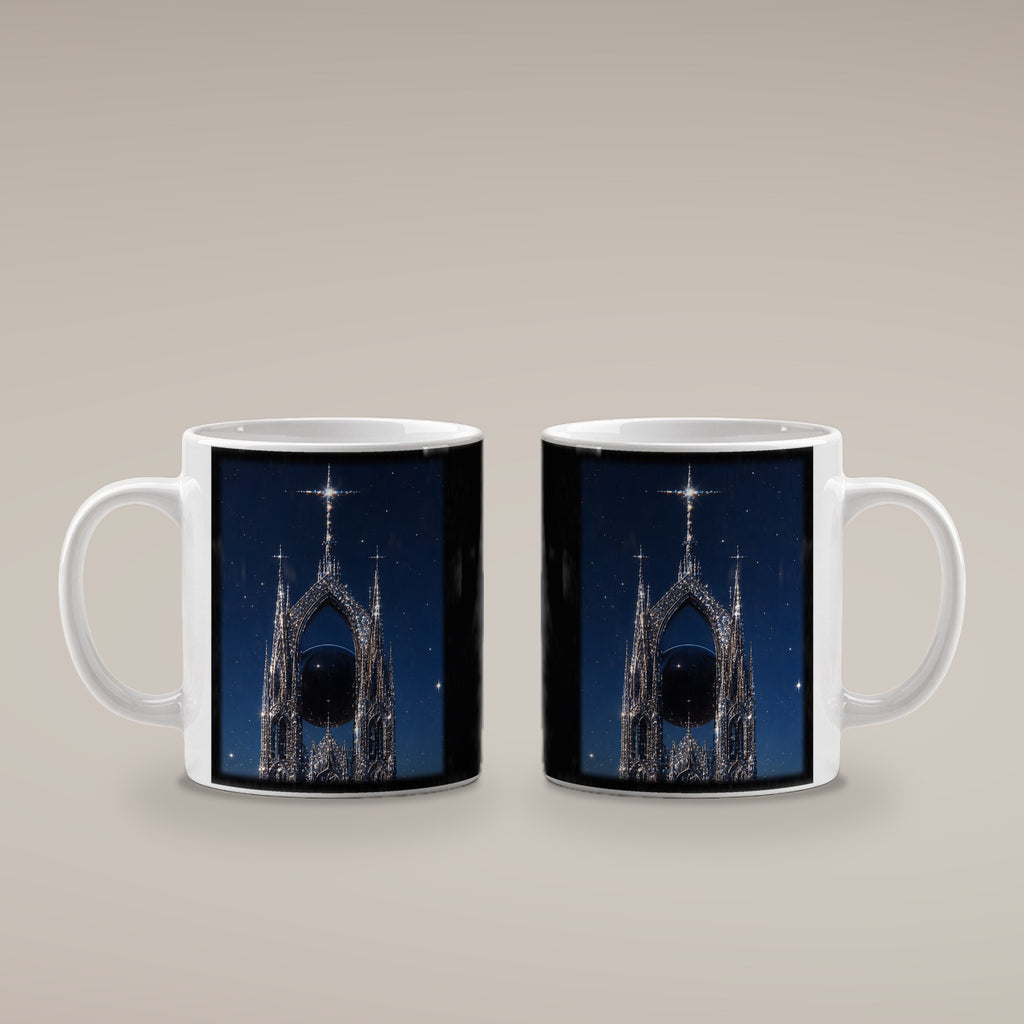 Die Sternenkathedrale – weiße Tasse, beide Seiten bedruckt