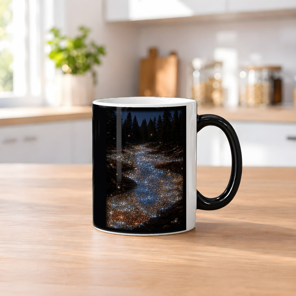 Sternenfluss – Black Edition Zaubertasse mit Motiv (heiß), auf dem Küchentresen