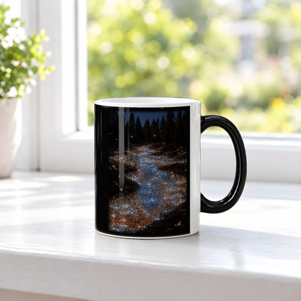 Sternenfluss – Black Edition Zaubertasse mit Motiv (heiß), auf der Fensterbank