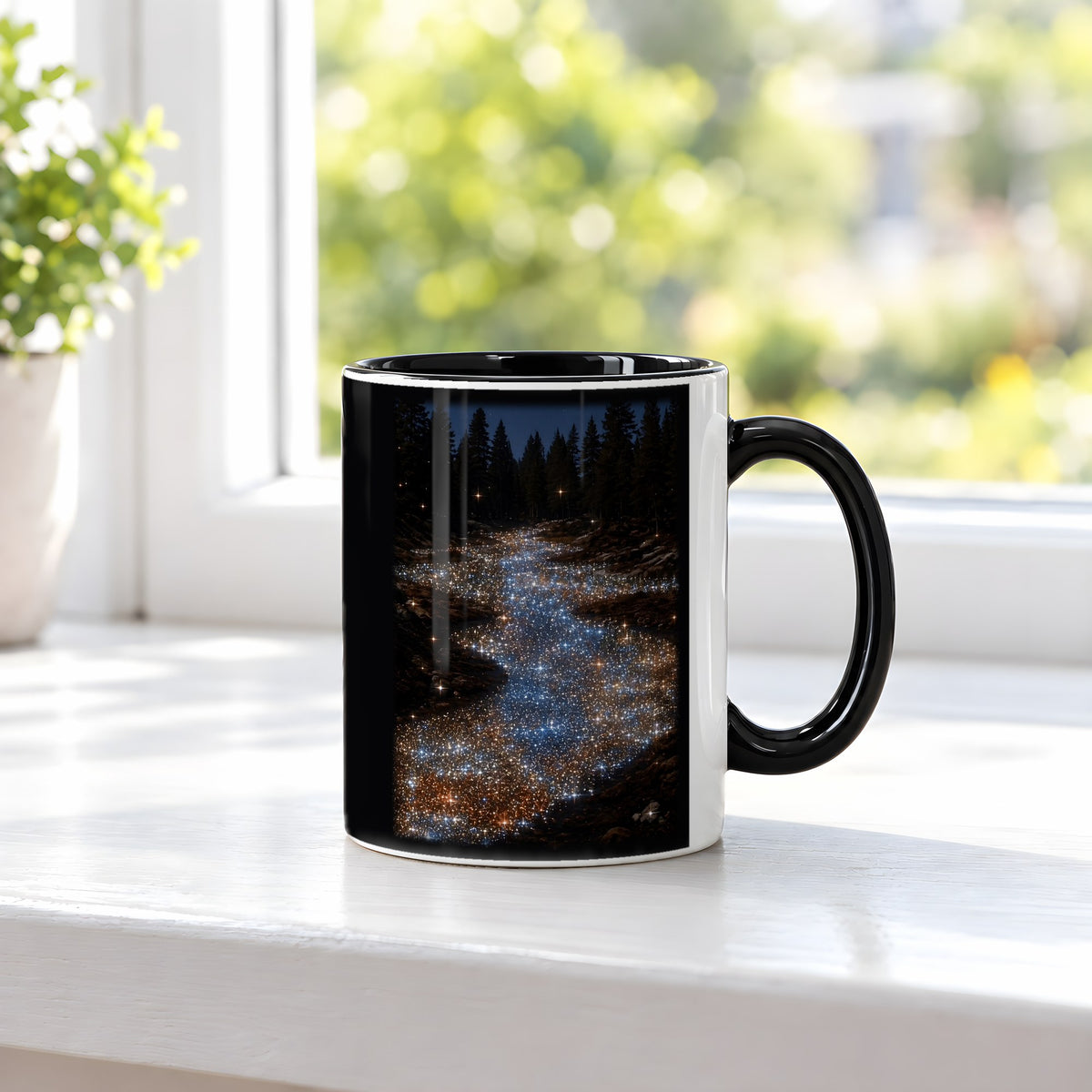 Sternenfluss – Tasse innen schwarz, auf der Fensterbank