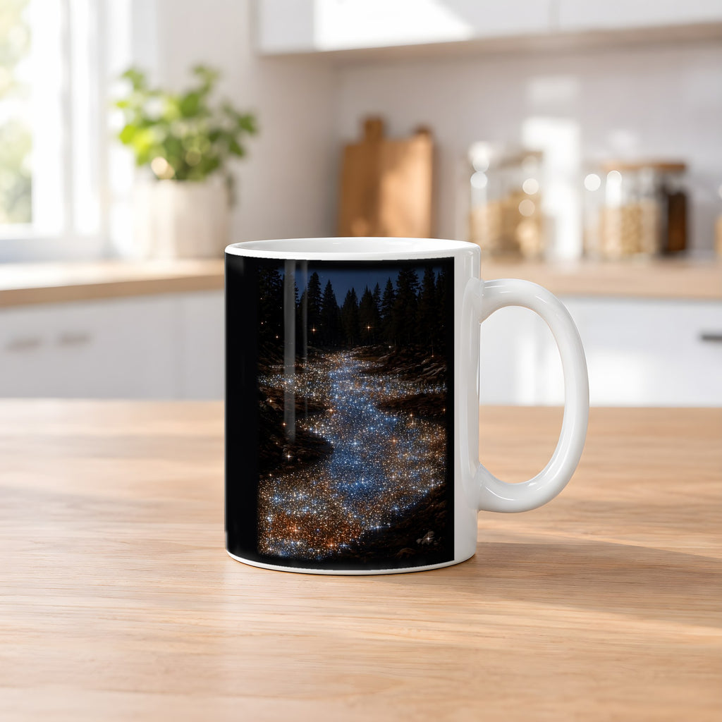 Sternenfluss – weiße Tasse, auf dem Küchentresen