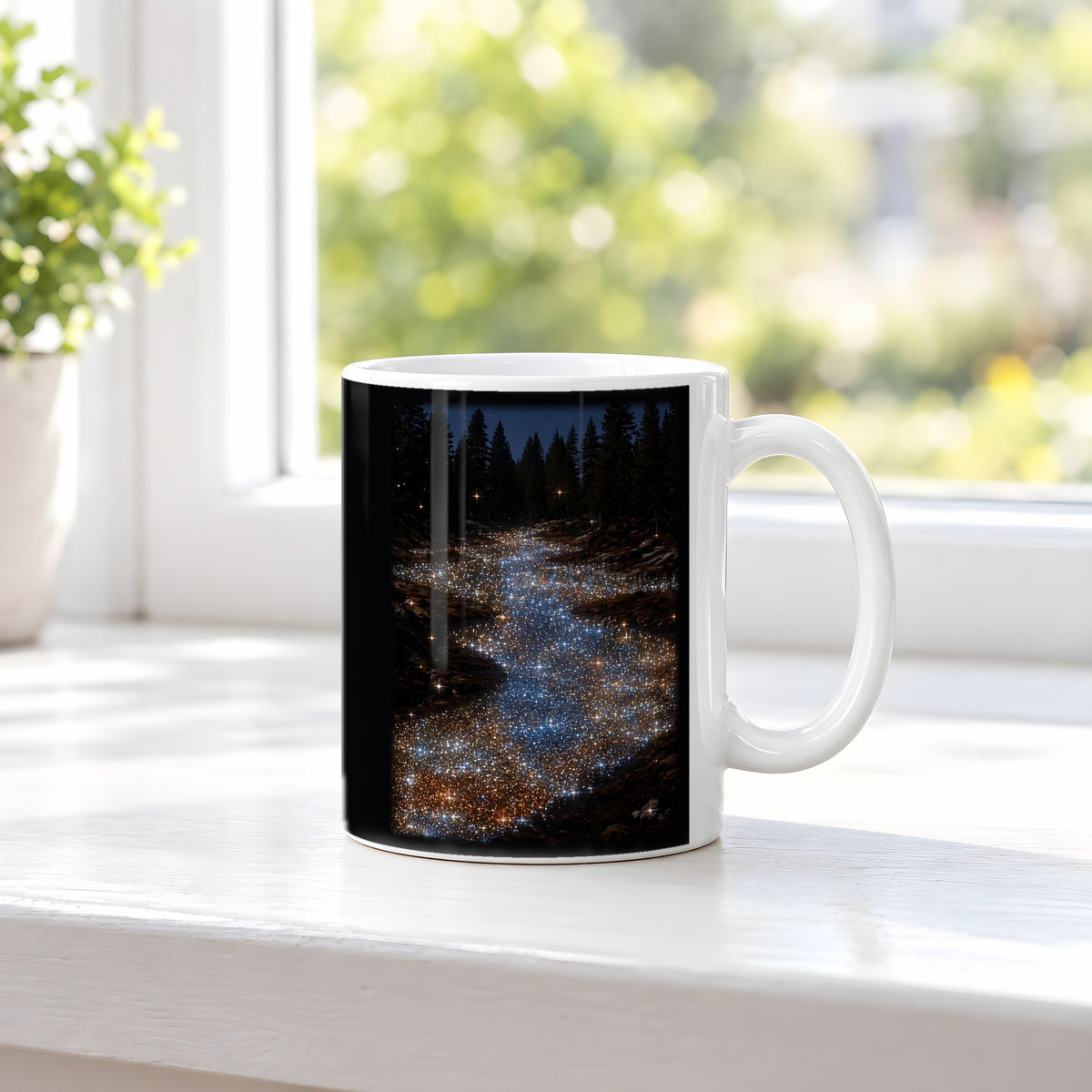 Sternenfluss – weiße Tasse, auf der Fensterbank
