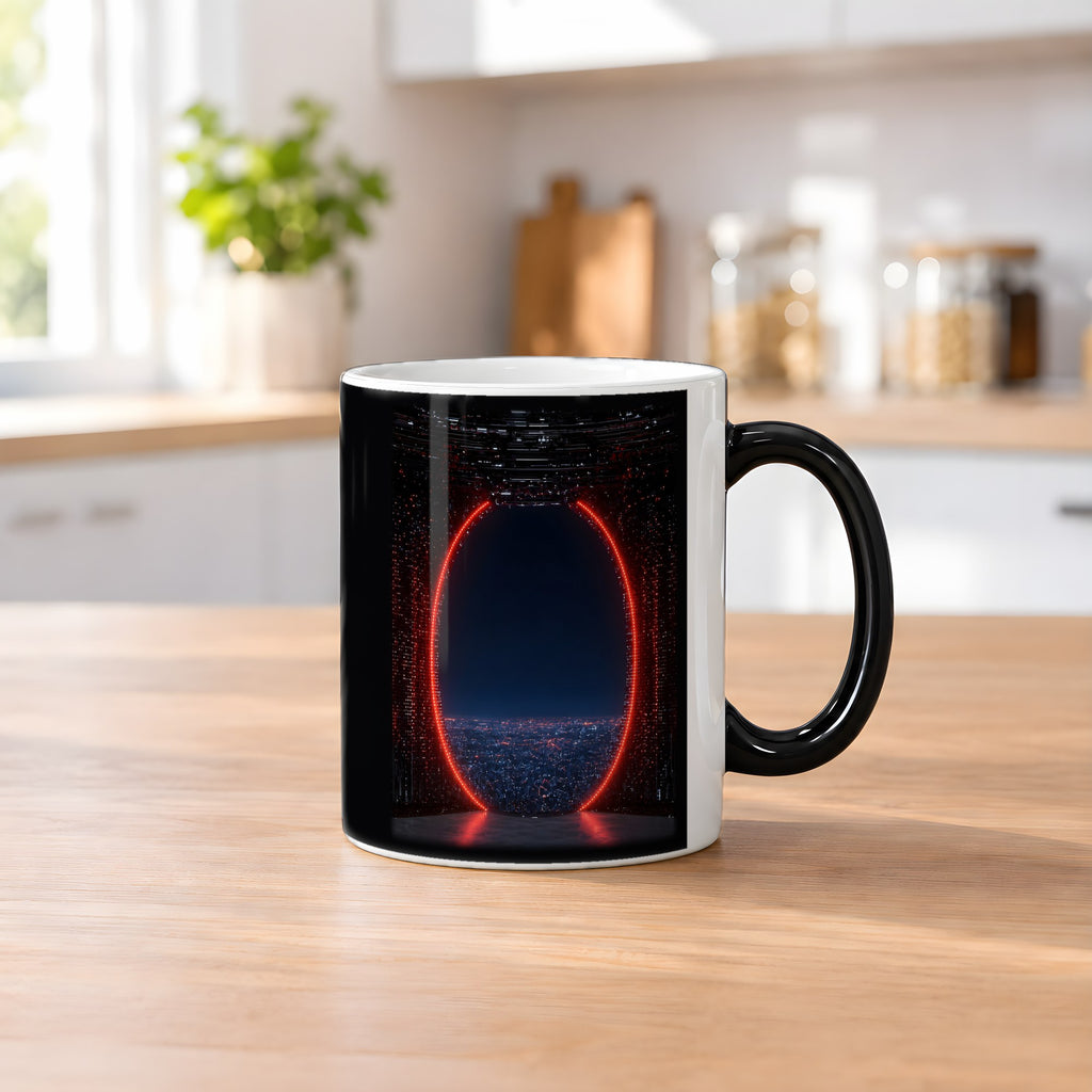 Das rote Tor – Black Edition Zaubertasse mit Motiv (heiß), auf dem Küchentresen