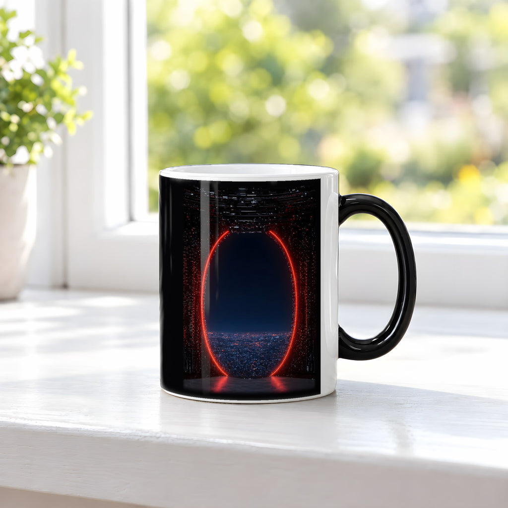 Das rote Tor – Black Edition Zaubertasse mit Motiv (heiß), auf der Fensterbank