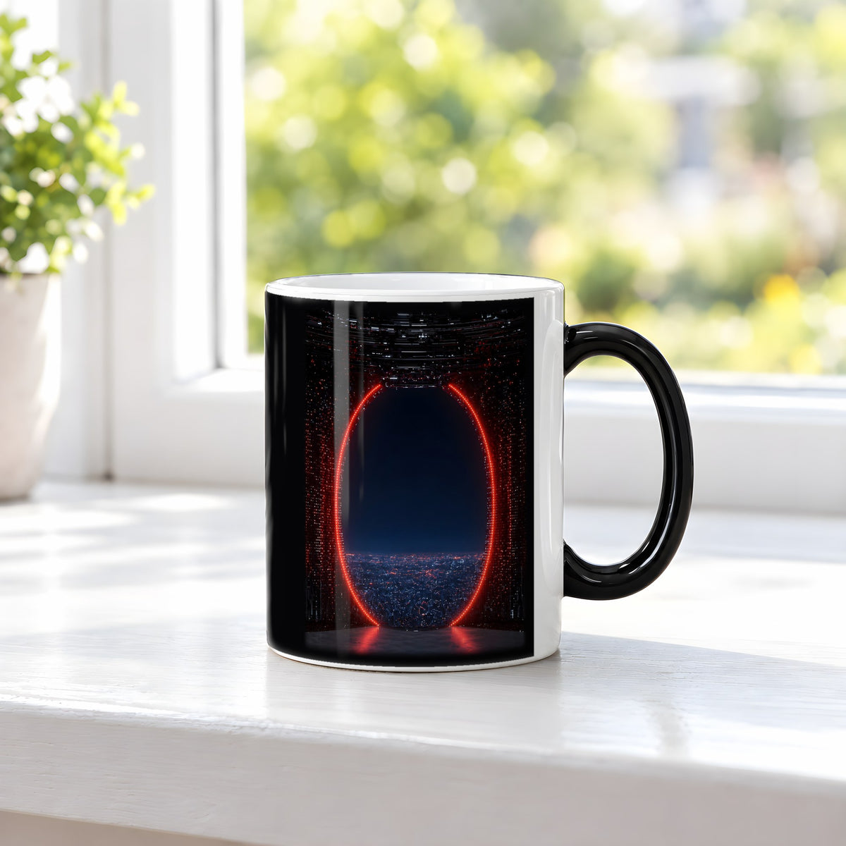 Das rote Tor – Black Edition Zaubertasse mit Motiv (heiß), auf der Fensterbank