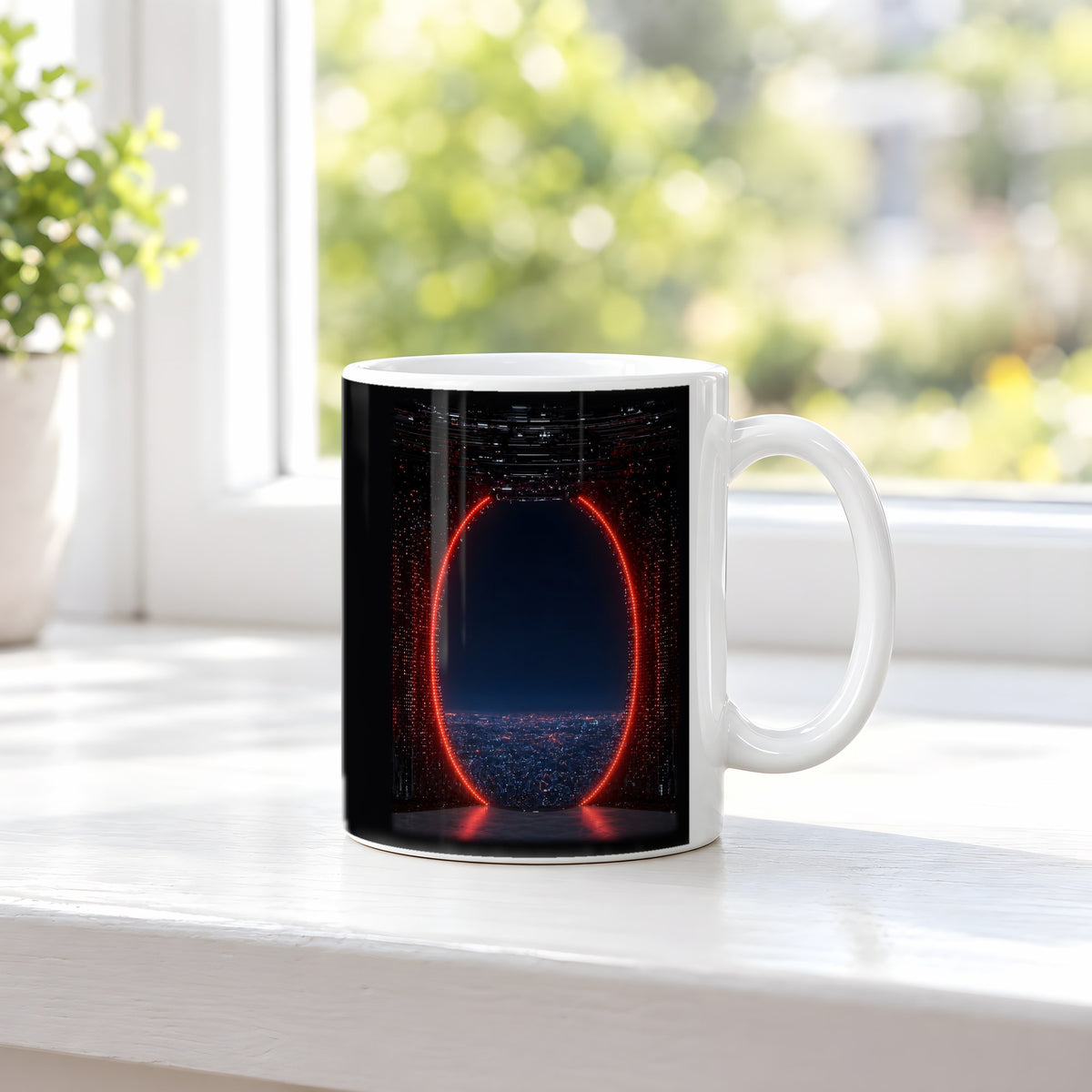 Das rote Tor – weiße Tasse, auf der Fensterbank
