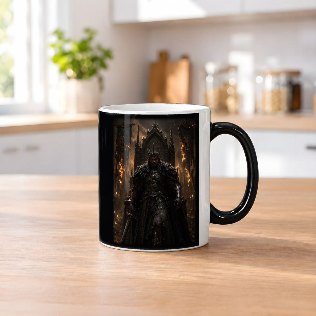 Der Flammenkönig – Black Edition Zaubertasse mit Motiv (heiß), auf dem Küchentresen