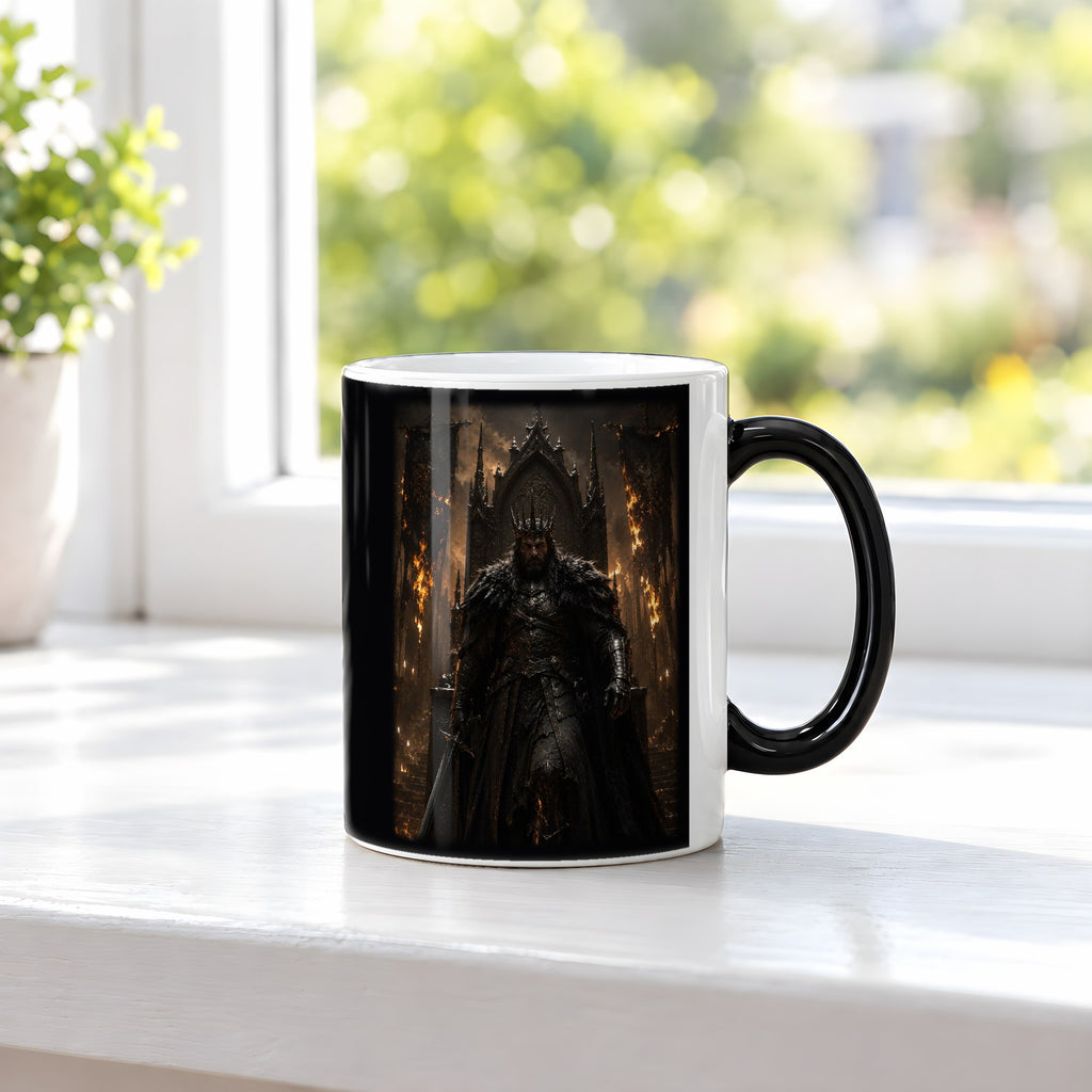 Der Flammenkönig – Black Edition Zaubertasse mit Motiv (heiß), auf der Fensterbank