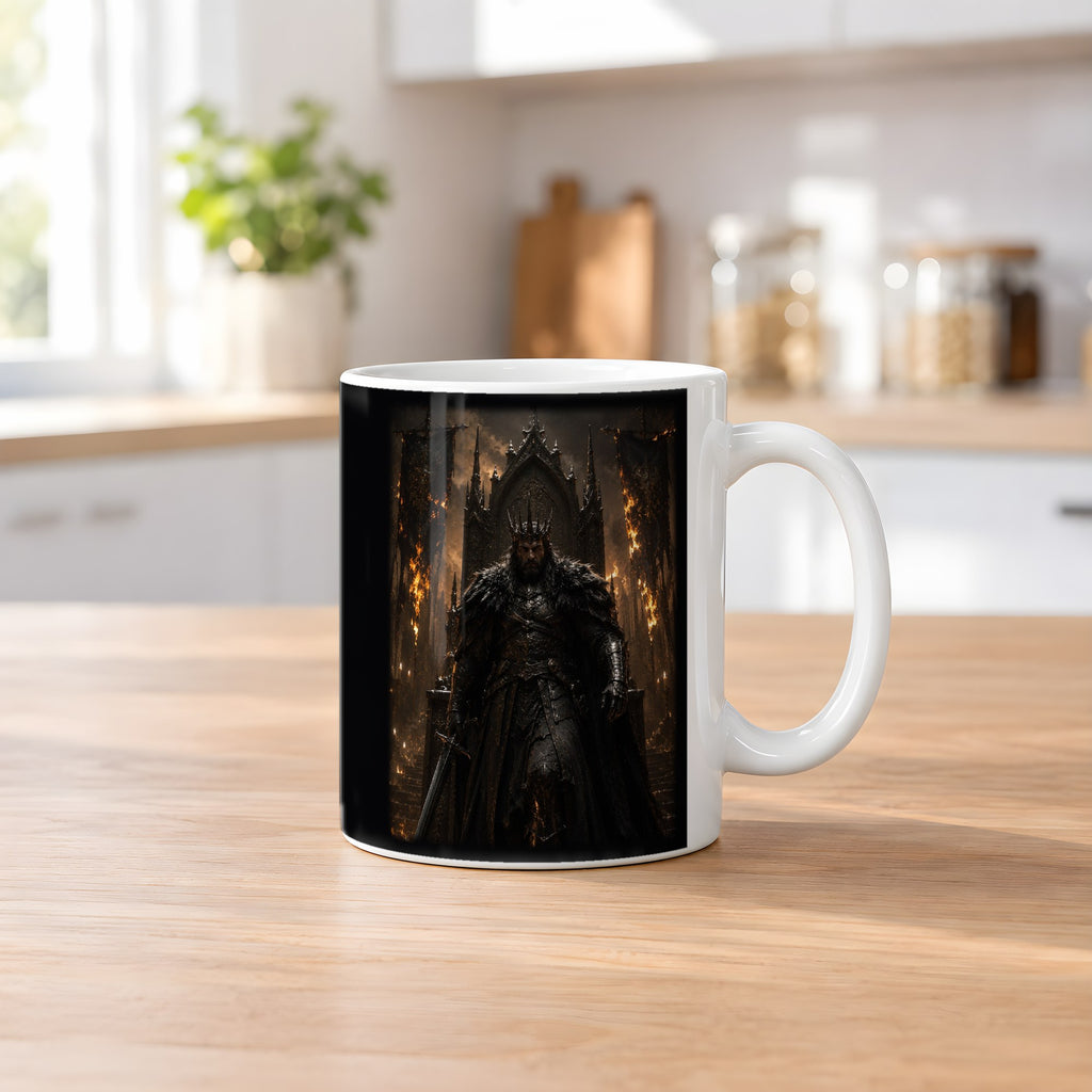 Der Flammenkönig – weiße Tasse, auf dem Küchentresen