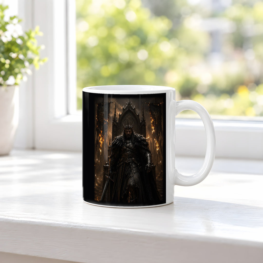 Der Flammenkönig – weiße Tasse, auf der Fensterbank