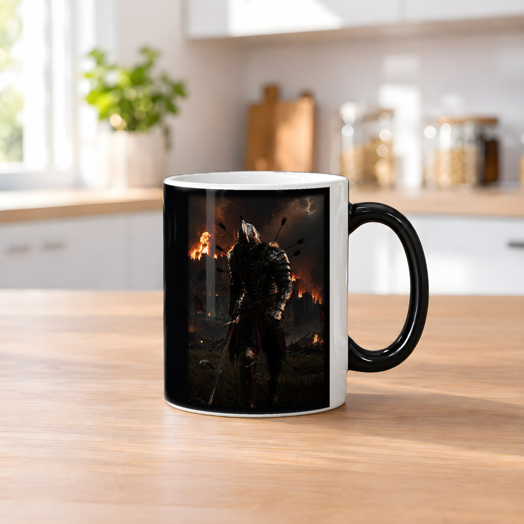 Der Flammenritter – Black Edition Zaubertasse mit Motiv (heiß), auf dem Küchentresen