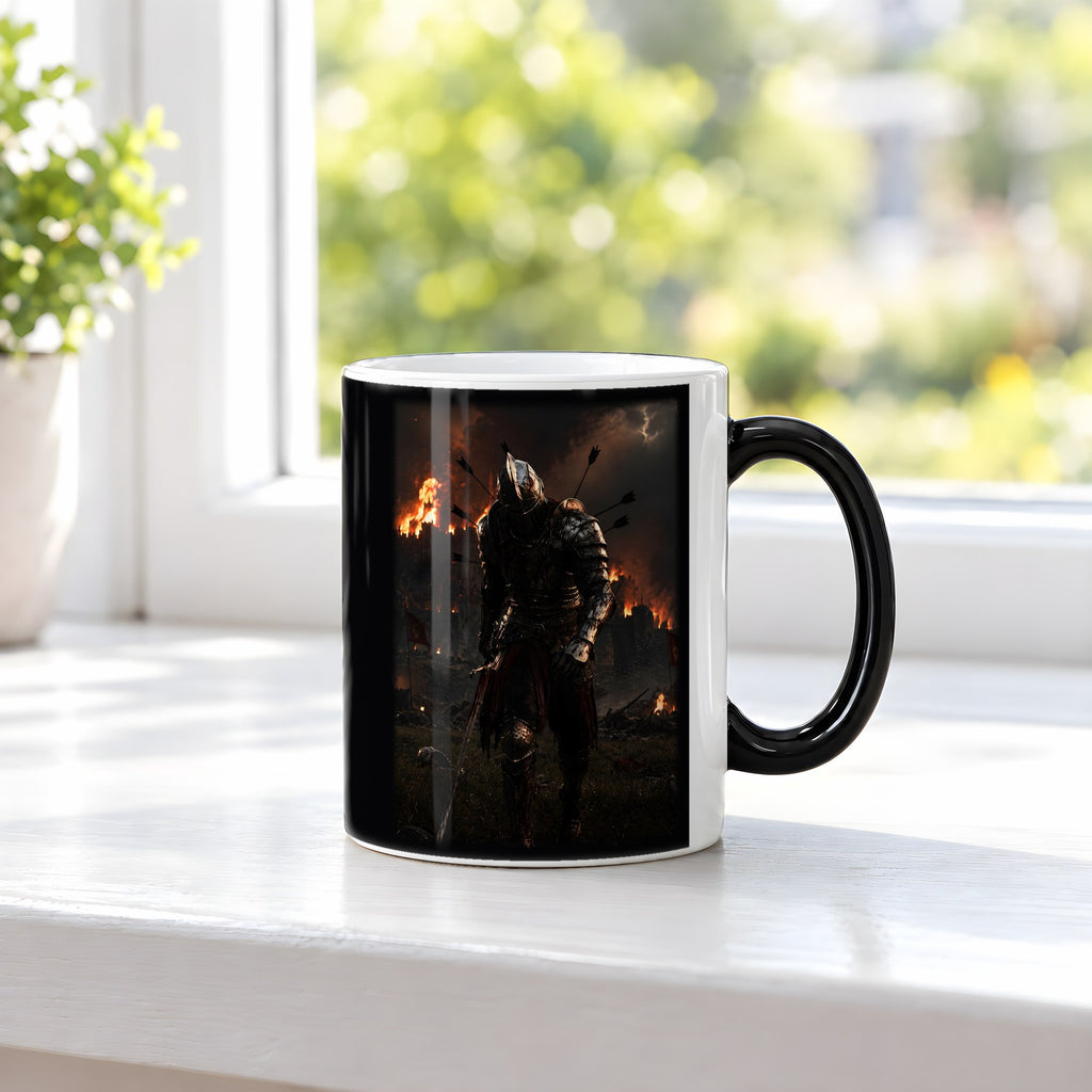 Der Flammenritter – Black Edition Zaubertasse mit Motiv (heiß), auf der Fensterbank
