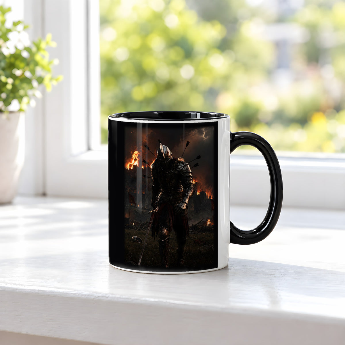Der Flammenritter – Tasse innen schwarz, auf der Fensterbank